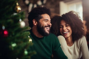Black couple joyfully exchanging Christmas gifts near the tree, sharing love and festive spirit in a warmly decorated home setting