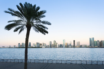 Beautiful view of Khalid Lagoon at sunrise, Sharjah, UAE. Concept of travel, vacation, city life in...