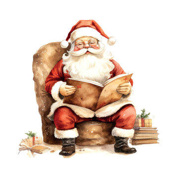 detailed vintage old kawaii santa read book full body, old color, in the style of drawning illustrations,vintage