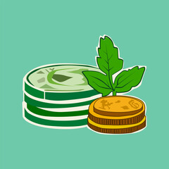 color vector illustration with the image of coins and greenery for the design and creation of emblems, labels, services and logos in financial style