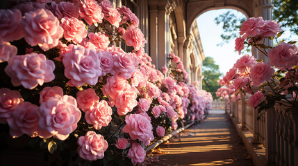 Delightful Harmony Capturing the Beauty of Rose Garden with a Dreamy Blurry Inside House Villa Background