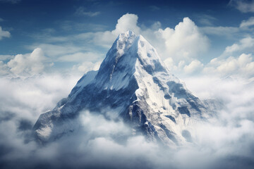 Majestic snowy mountain peak above the clouds. Generative AI - obrazy, fototapety, plakaty