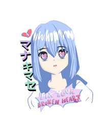 cute anime girl vector illustration, graphic print,blue hair ,anime style character  Can be used for stickers, badges, prints 