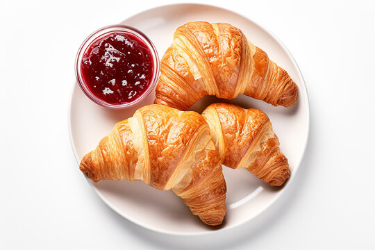 Delicious Plate of Croissants with Butter and Jam Isolated on a white background