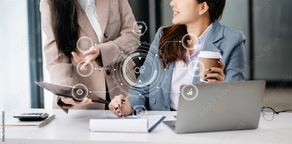 Poster working team meeting concept, business using laptop and smart phone and digital tablet computer with