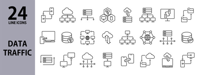 Data Traffic line icons set with Server, Cloud, File, Network, Exchange, Internet, Monitor, Notebook. Editable stroke