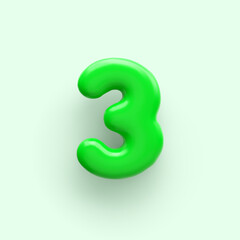 3D Green number 3 with a glossy surface on a light background .