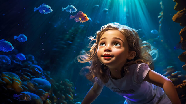 a little fairy-tale cartoon girl admires fish and the underwater world in the depths of the sea