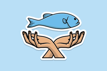 Cute Fish with Hands Sticker design vector illustration. Animal nature icon concept. Restaurant sea food and fisher hands sticker design icons logo with shadow.