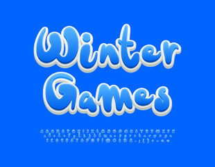 Vector funny Emblem Winter Games. Playful handwritten Font. Creative Blue 3D Alphabet Letters and Numbers.
