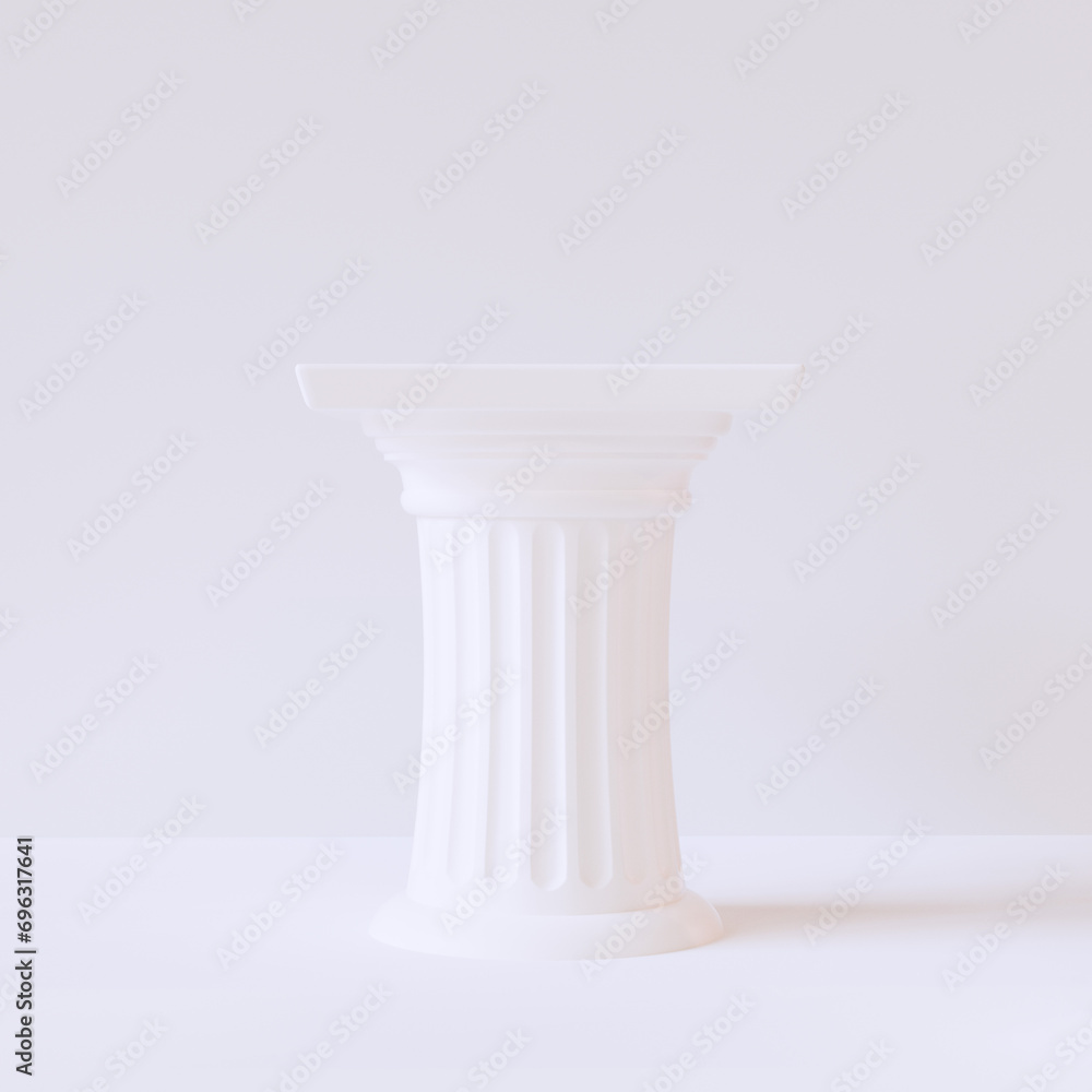 Poster white antique column pedestal in white studio. 3d rendering object placement, product display mockup