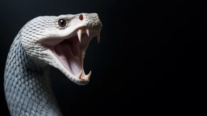 Fotobehang White snake open mouth ready to attack isolated on gray background © Ema
