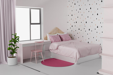 Interior of minimalistic bedroom with pink walls, wooden floor, table and large window. 3d rendering