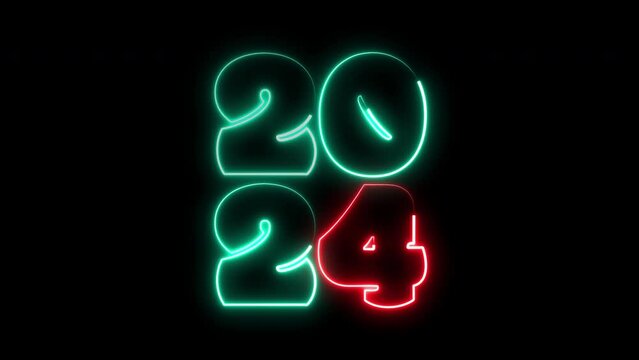 4k Animated Neon Colors Design for 2024 Happy New Year Creative Card Design New Year and Christmas Neon Banner or Card Template. Glowing Neon Illuminated Design Element. Neon Year Card Template.