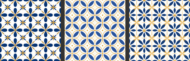 Set of seamless patterns in azulejo, majolica, damask style. Floor and wall oriental traditional ceramic tile textures. Portuguese, spanish, turkish, arabic geometric ceramics in Blue and Gold colors