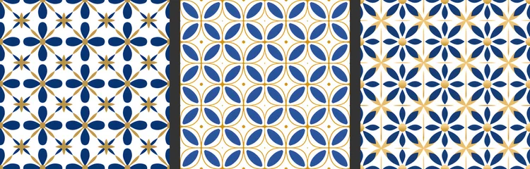 Tapeten Set of seamless patterns in azulejo, majolica, damask style. Floor and wall oriental traditional ceramic tile textures. Portuguese, spanish, turkish, arabic geometric ceramics in Blue and Gold colors © Milan