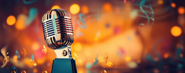 Microphone on the abstract colourful background with musician notes.
