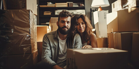 Tired but smiling couple cuddling in their new apartment amid unpacked cardboard boxes. - obrazy, fototapety, plakaty