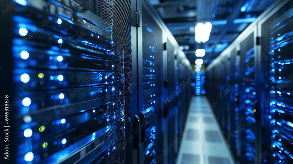 Poster server room or server computers and servers racks with blue lights