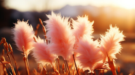 Close up of pampas grass plumes soft and fluffy on a field with sunshine. Generative AI - Powered by Adobe