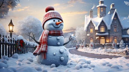 Winter landscape with snowman and cozy family house, AI