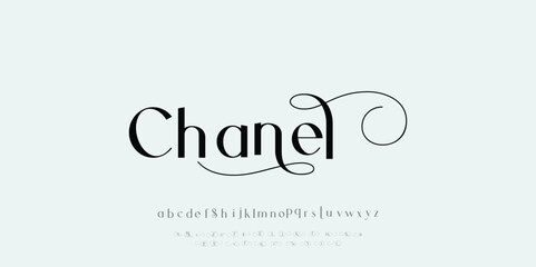 Chanel Elegant Font Uppercase Lowercase and Number. Classic Lettering Minimal Fashion Designs. Typography modern serif fonts regular decorative vintage concept. vector illustration - obrazy, fototapety, plakaty