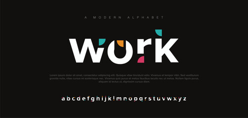 Work modern alphabet. Dropped stunning font, type for futuristic logo, headline, creative lettering and maxi typography. Minimal style letters with yellow spot. Vector typographic design - obrazy, fototapety, plakaty
