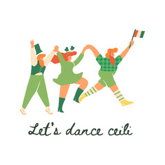 Cheerful Irish people in green clothes with shamrocks, the Ireland flag dancing the Ceiligh. Celebrating Irish culture party, St. Patrick's Day design
