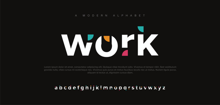 Work modern alphabet. Dropped stunning font, type for futuristic logo, headline, creative lettering and maxi typography. Minimal style letters with yellow spot. Vector typographic design