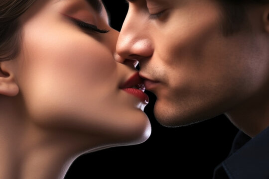 The sensual moment of a woman's lips and a man's clean-shaven face in a tender kiss, emphasizing the softness and purity of the connection