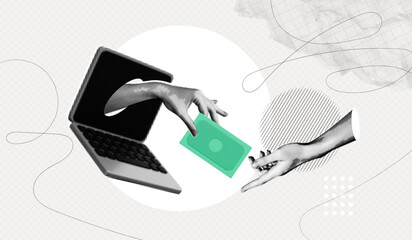 Trendy Halftone Online Payments Collage. Hand from computer monitor holds money. Metaphor composition. Financial transactions and investments. Currency exchange. Contemporary vector illustration art