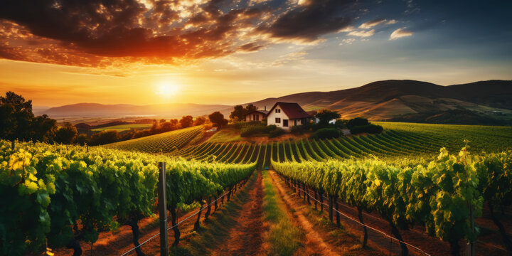 Vineyard landscape with an old winery building on a hill in a sunset sun rays. Rows of grapes. Generative AI