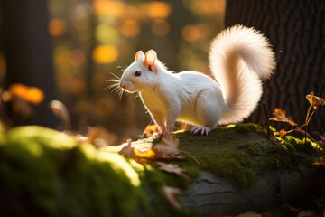 Фn albino squirrel darting through a sun-dappled forest, showcasing the agility and adaptability of these small mammals in their woodland habitat