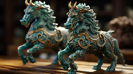 Fototapeta premium Dragon statue on the roof of the church, Merry go round carousel horse on a carousel at the amusement park on the evening