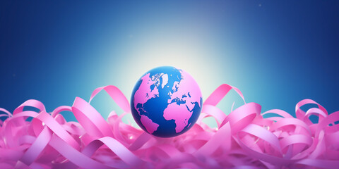 Global hope, world cancer day. Pink ribbon around the world with blue background. By joining forces we are stronger. Concept of help, fight and hope.