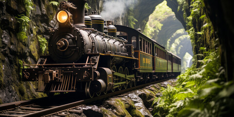 Vintage steam locomotive exiting a tunnel into a lush mountain landscape, evoking travel and...