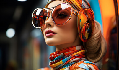 Futuristic cyber woman with vibrant abstract patterns, modernistic accessories and eyewear, concept...