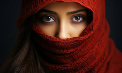 Enigmatic woman in red knitted balaclava with eyes that pierce through the veil, exuding a sense of mystery and allure