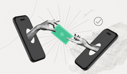 Trendy Halftone Online Payments Collage. Hands from mobile phone holds money. Metaphor composition. Financial transactions and investments. Currency exchange. Contemporary vector illustration art