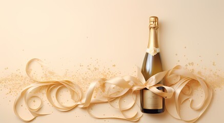 The image shows a bottle of champagne on a table. There is a colorful party popper next to the bottle, and there are colorful streamers draped across the table behind the bottle. - obrazy, fototapety, plakaty