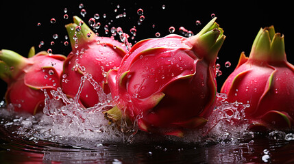 Dragon Fruits Artistry in the splash of water on an isolated black background