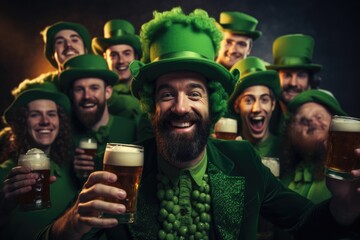 People with beer celebrating St Patrick's day in pub - obrazy, fototapety, plakaty