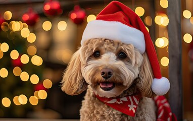 Cute dog wearing a Santa hat against a bright and festive holiday-themed background
