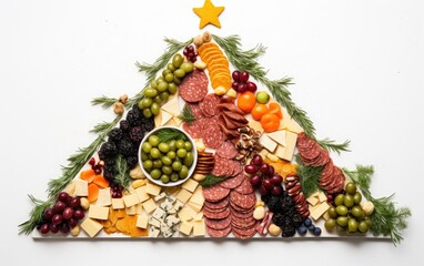 A mouth-watering Christmas grazing board creatively arranged as a Christmas tree, set on a clean...