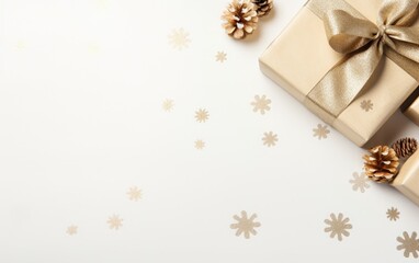 Flat lay Christmas background with wrapped gifts, pine cones
