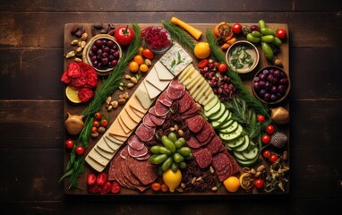 A mouth-watering Christmas grazing board creatively arranged as a Christmas tree, set on a wooden background