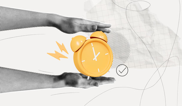 Trendy Halftone Collage Two Hands holding yellow Alarm Clock. Time management and deadline concept. Business planning and organisation. Magazine paper style. Contemporary vector pop art illustration