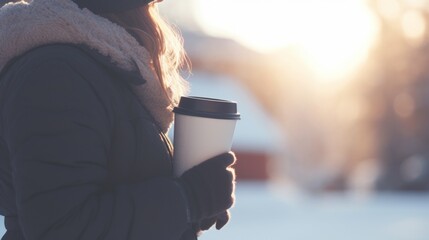 Woman in winter jacket holding paper cup of coffee on a street in cold morning light - obrazy, fototapety, plakaty