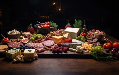 A appealing grazing board with an assortment of gourmet cheeses, meats, and fresh produce, arranged...