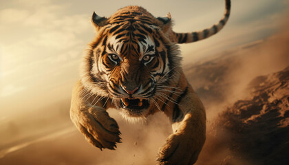 a tiger running through the air - obrazy, fototapety, plakaty